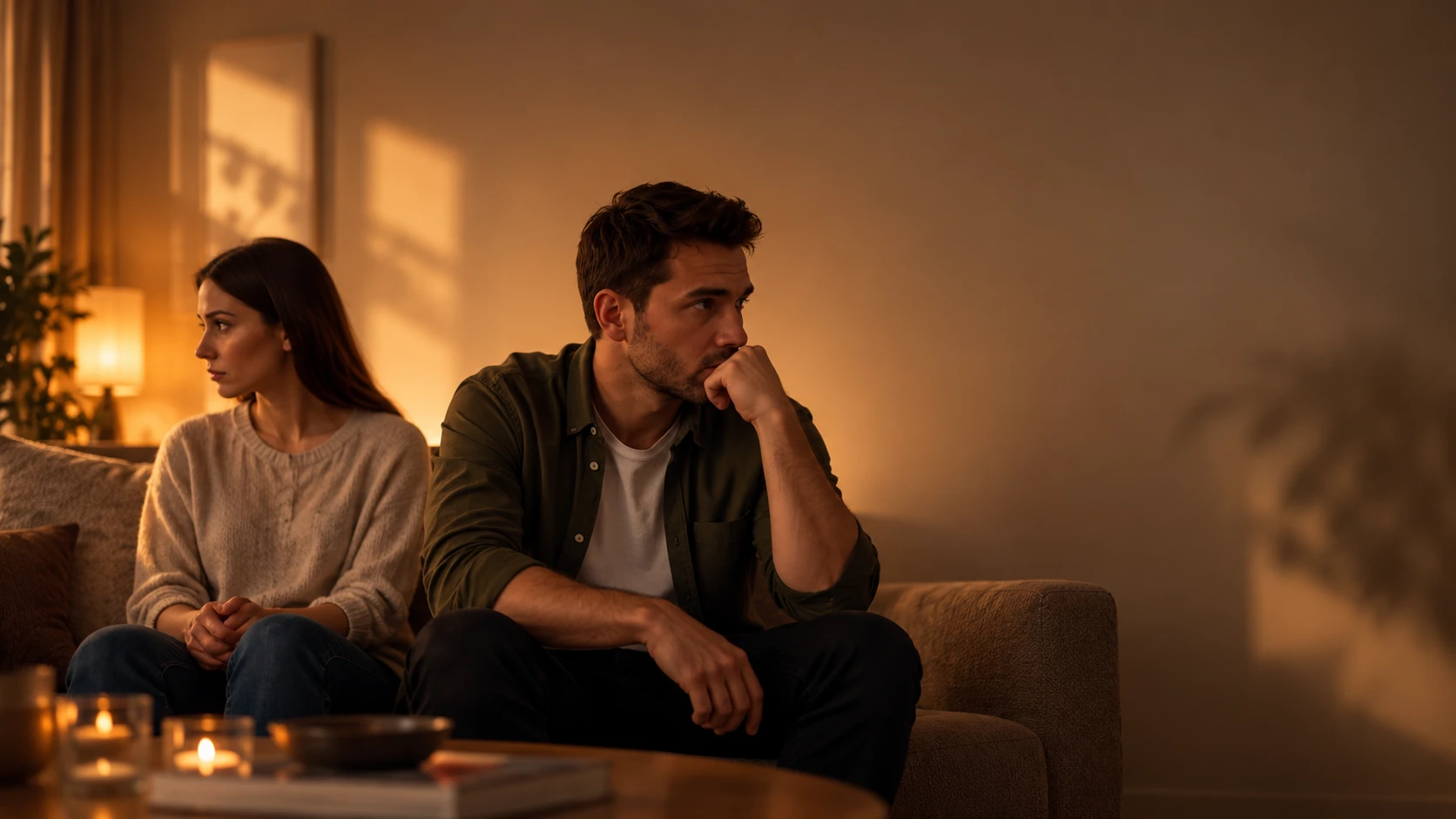 Ein Paar sitzt abends auf dem Sofa und schaut aneinander vorbei